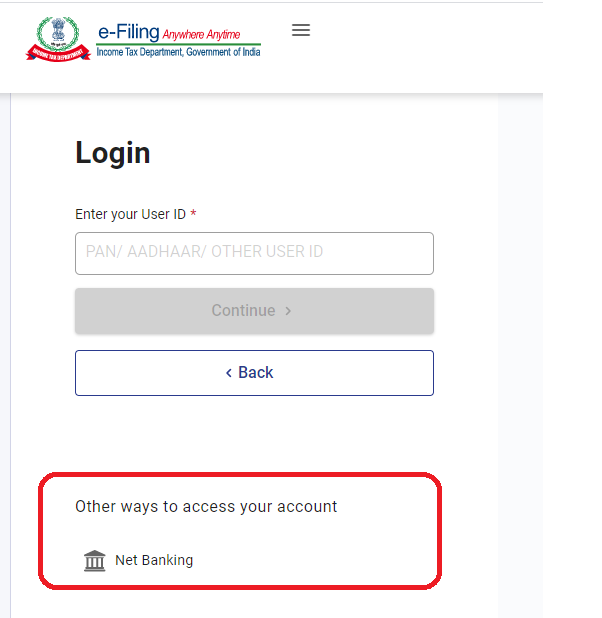 login incometax.gov.in through Net Banking facility