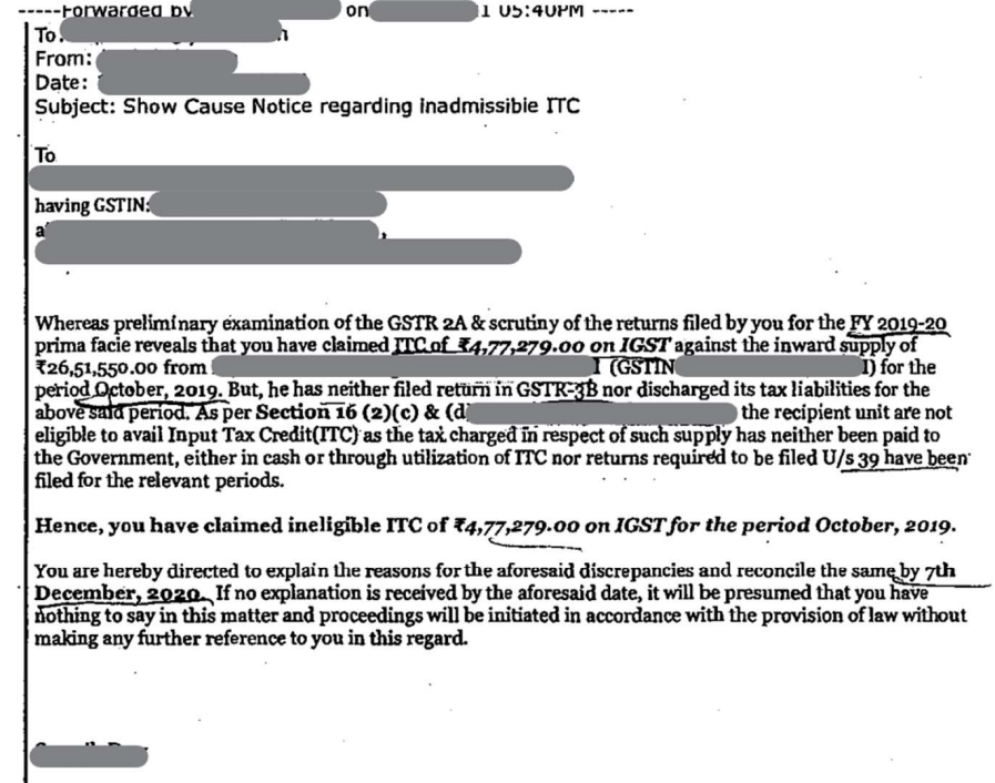 Non filing of GSTR-3B by Vendor - Allegations – Sample Notice (DRC-01)