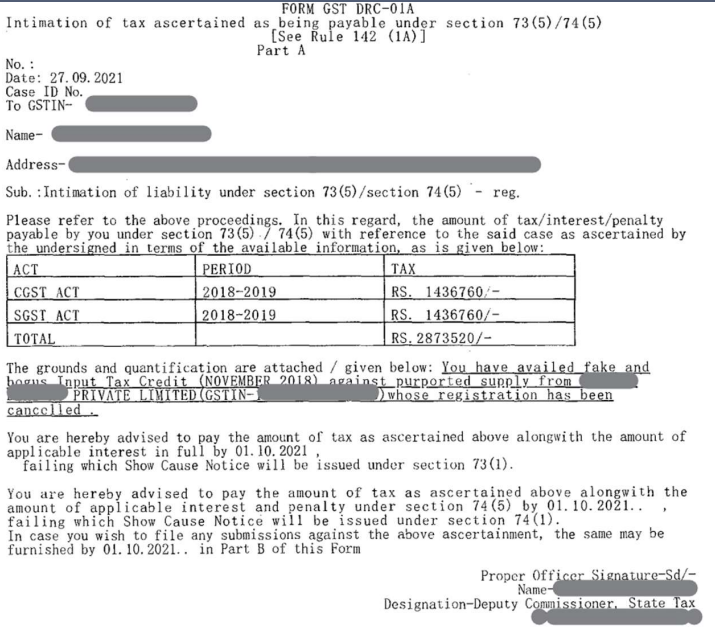 Allegations – Sample Intimation (DRC-1A)