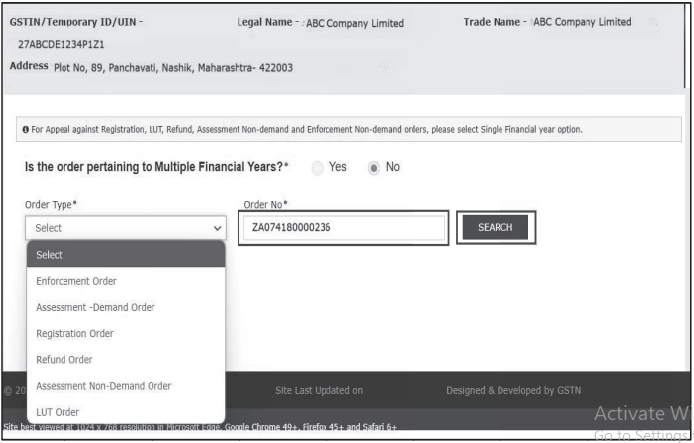 Select the order type and insert the order number
